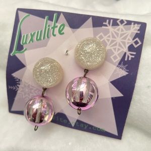 Luxulite Fakelite Silver White Pink Holiday Christmas Ornament Earrings